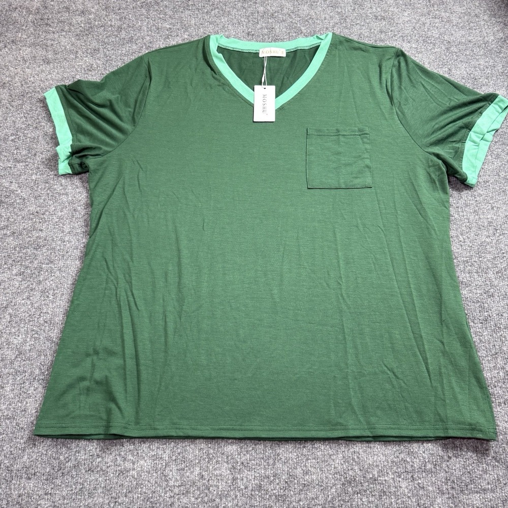 Moshu NWT Green Two Tone V-Neck Pocket T-Shirt Colorblock Short Sleeve Tee Sz 2X